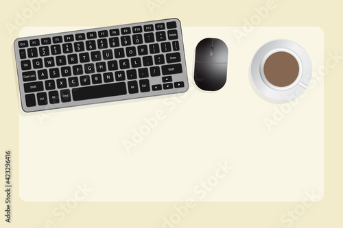 Keyboard, mouse, and a cup of coffee with a light beige background - Vector Illustration
