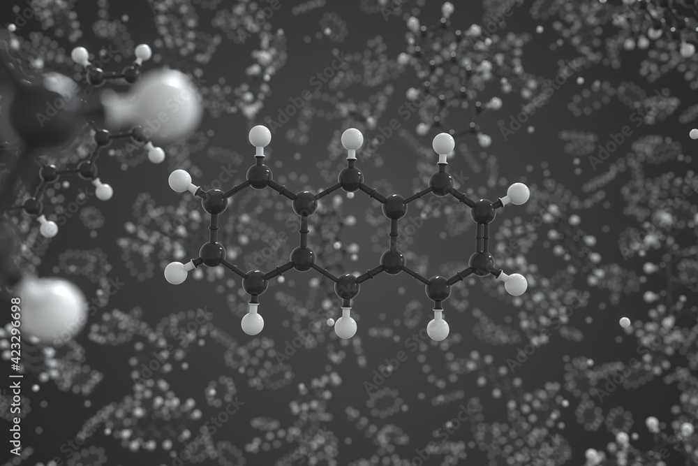 Molecule of anthracene, ball-and-stick molecular model. Science related 3d rendering