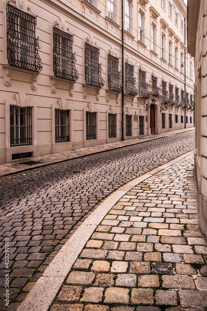 An empty cobble stone road disappears between two buildings.