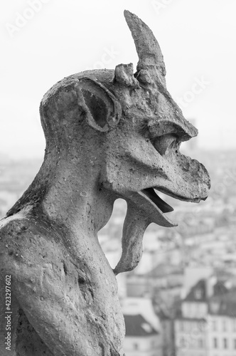 A black and white photo of a gargoyle over looking Paris France.