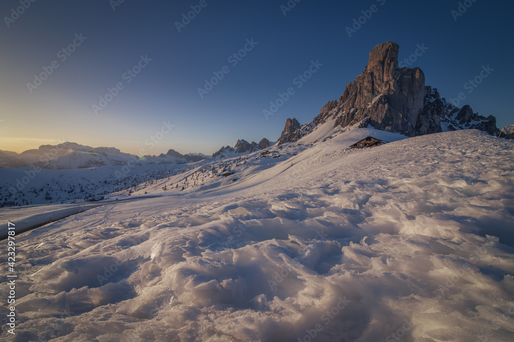 Scenic picture of a Sunset in Passo Giau, a mountain pass in the Dolomites, near Cortina D'Ampezzo, Italy