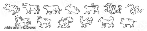 Chinese horoscope. rat, ox, cat, rabbit, hare, tiger, dragon, snake, horse, goat, monkey, rooster, dog and boar. Animal symbols  2022, 2023 vector set. Black line doodle sketch. Editable path