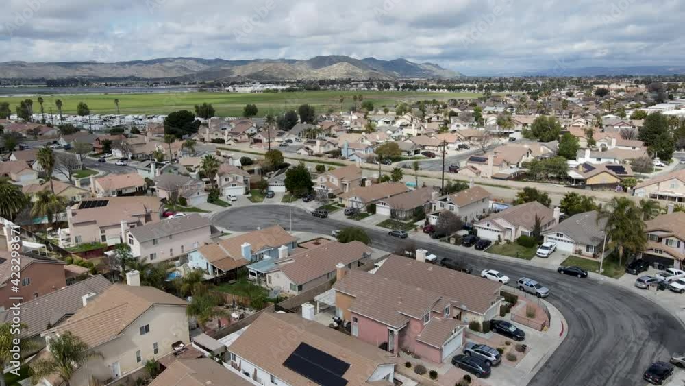 Aerial view Hemet neighborhood during cloudy day, city in the San Jacinto Valley in Riverside County, California, USA. Aerial view Hemet neighborhood during cloudy day, city in the San Jacinto Valley in Riverside County, California, USA.