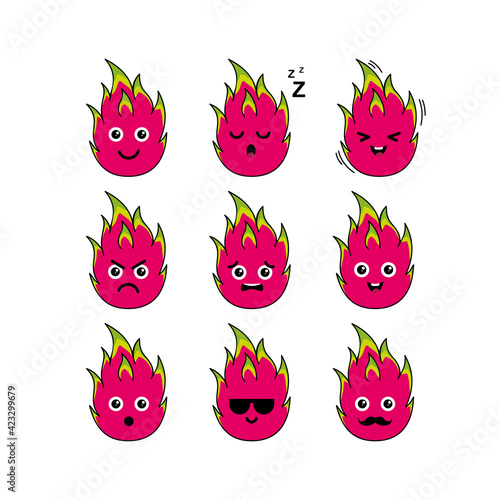 Cute dragon fruit character set illustration design, collection of cute dragon fruit emoji template vector