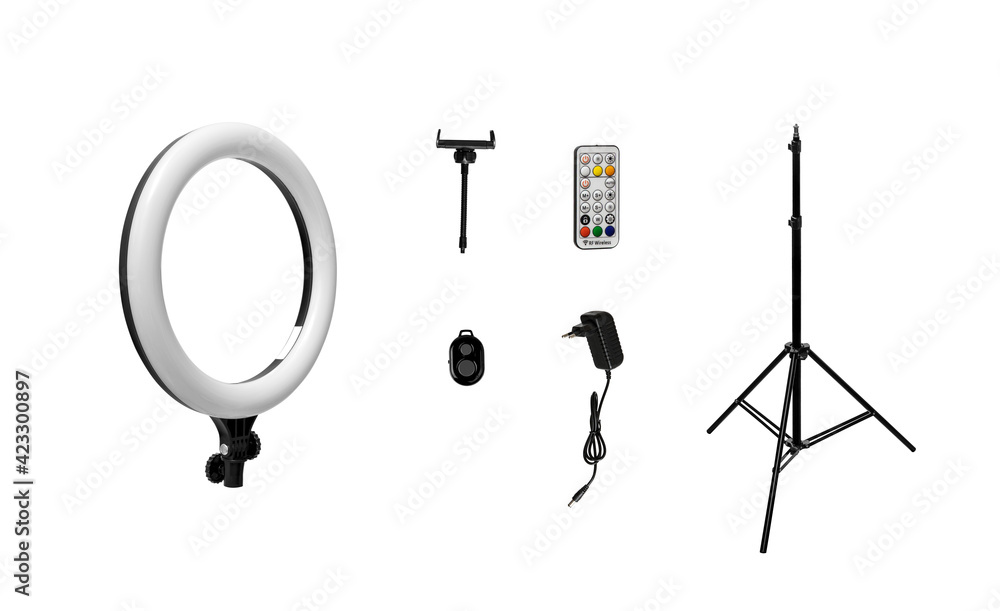 Closeup of circular neon LED lamp isolated white background. Popular modern light for make-up and beauty portraits. Closeup of circular neon LED lamp isolated white background. Popular modern light for make-up and beauty portraits.