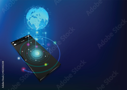 Technology with  Smartphone digital logo. Abstract cyber security and fingerprints blue light. Mobile app, innovation,digital technology, program developers,Internet of things.Vector modern technology