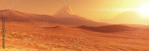 Landscape on Mars with mountains during sunset