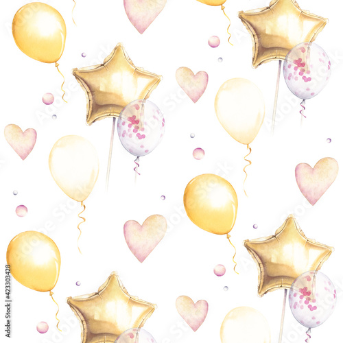 Watercolor air balloons. Watercolor set of yellow balloons isolated on white background. Can be used for greeting cards and invitations