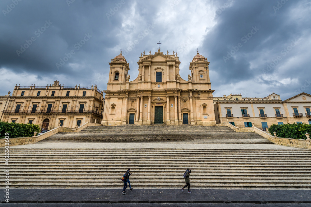 Exterior of Roman Catholic cathedral in historic part of Noto city, Sicily in Italy