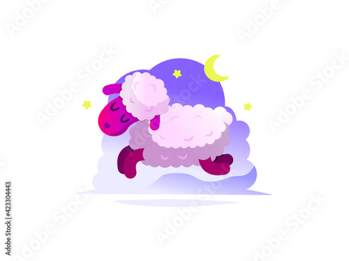 Sleepy purple sheep riding under the moon