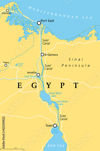 Suez Canal, political map. An artificial sea-level waterway in Egypt, connecting the Mediterranean Sea to the Red Sea, dividing Africa and Asia. It extends from Port Said to Suez. Illustration. Vector