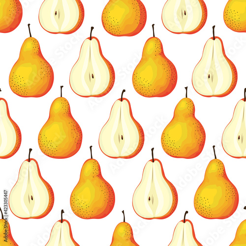 Orange pears seamless pattern. Ripe and half pear. Color background.