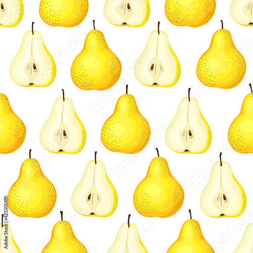 Yellow pears seamless pattern. Ripe and half pear. Color background.