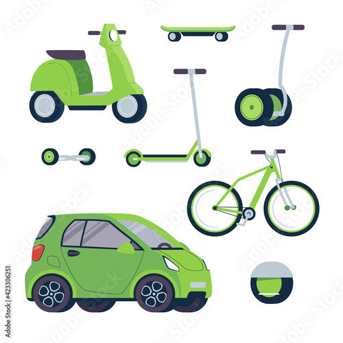 Modern electric scooter, gyro board, skateboard, bicycle, moped, car. Vector set of electric environmentally friendly alternative vehicles. Transport of green color on a white background.