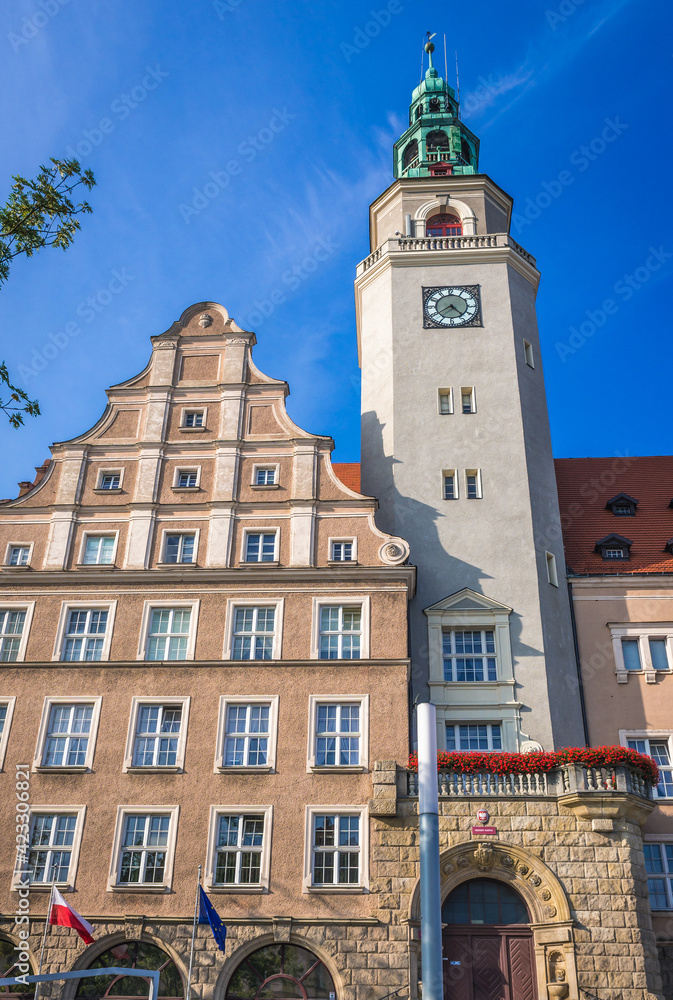Facade and tower of New City Hall building in Olsztyn city, Poland
