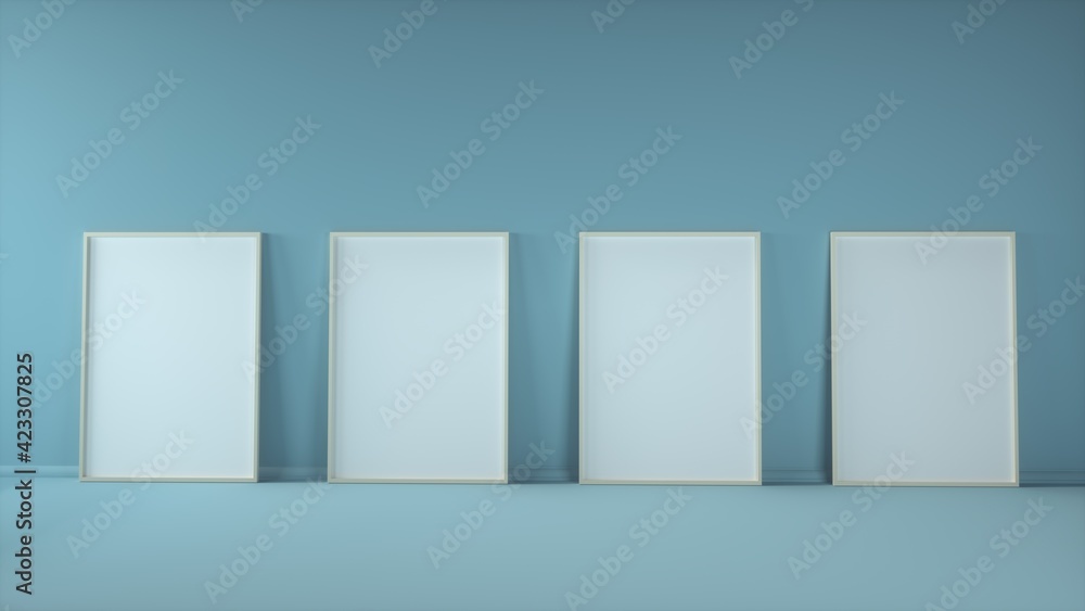 Fototapeta premium Four blank vertical poster frames mock up standing on blue background. 3d illustration
