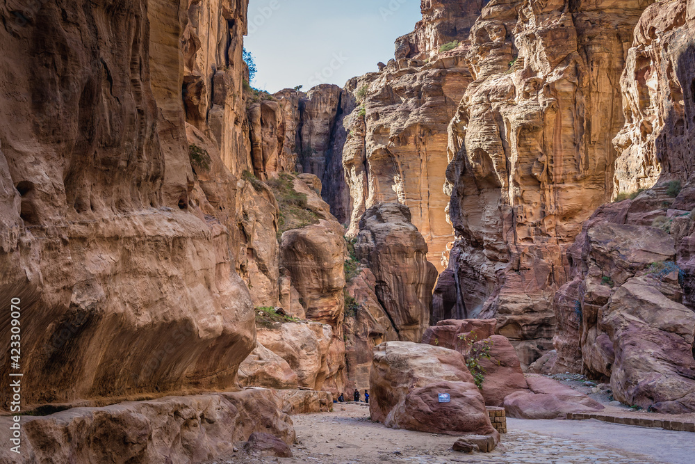 Rocky Siq gorge in Petra historic and archaeological city in southern Jordan