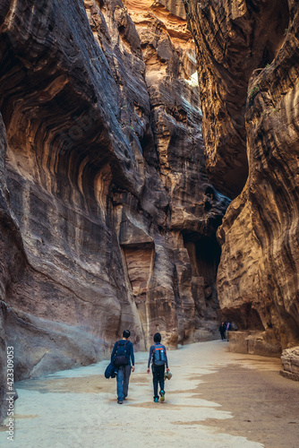 Siq gorge in Petra historic and archaeological city in southern Jordan photo