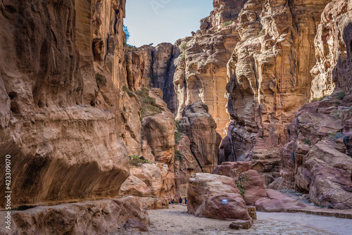 Rocky Siq gorge in Petra historic and archaeological city in southern Jordan