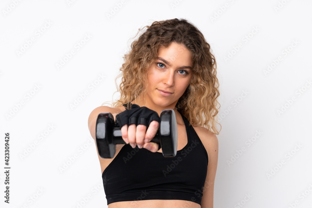 Young sport woman isolated on white background making weightlifting Young sport woman isolated on white background making weightlifting
