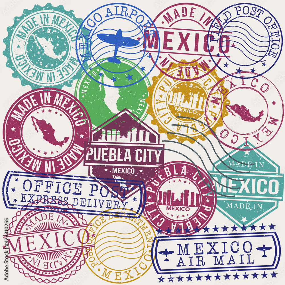 Fototapeta premium Puebla City Mexico Set of Stamps. Travel Stamp. Made In Product. Design Seals Old Style Insignia.