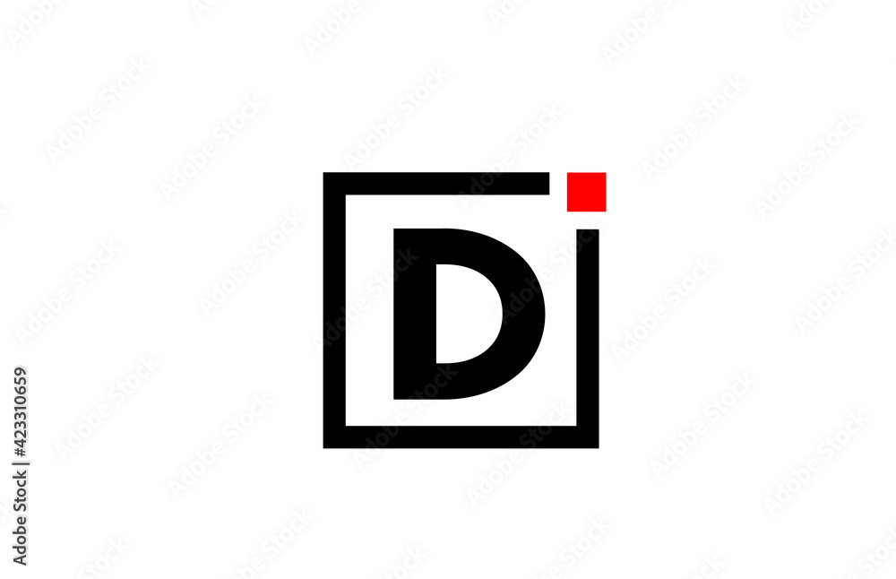 D alphabet letter logo icon in black and white. Company and business design with square and red dot. Creative corporate identity template D alphabet letter logo icon in black and white. Company and business design with square and red dot. Creative corporate identity template
