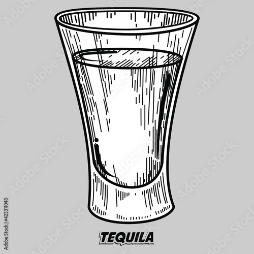 shot of tequila cartoon glass line art black and white- illustration vector art