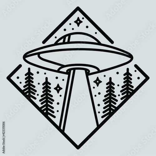 UFO spaceship Abduction cartoon Black and white - Vector art illustration