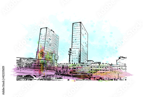 Building view with landmark of Pamplona is the capital of Navarre province in northern Spain. Watercolour splash with hand drawn sketch illustration in vector.