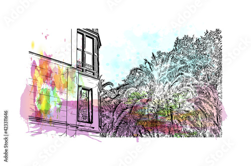 Building view with landmark of Pamplona is the capital of Navarre province in northern Spain. Watercolour splash with hand drawn sketch illustration in vector.
