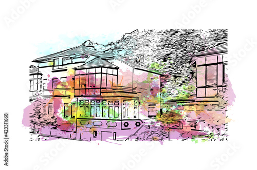 Building view with landmark of Pamplona is the capital of Navarre province in northern Spain. Watercolour splash with hand drawn sketch illustration in vector.