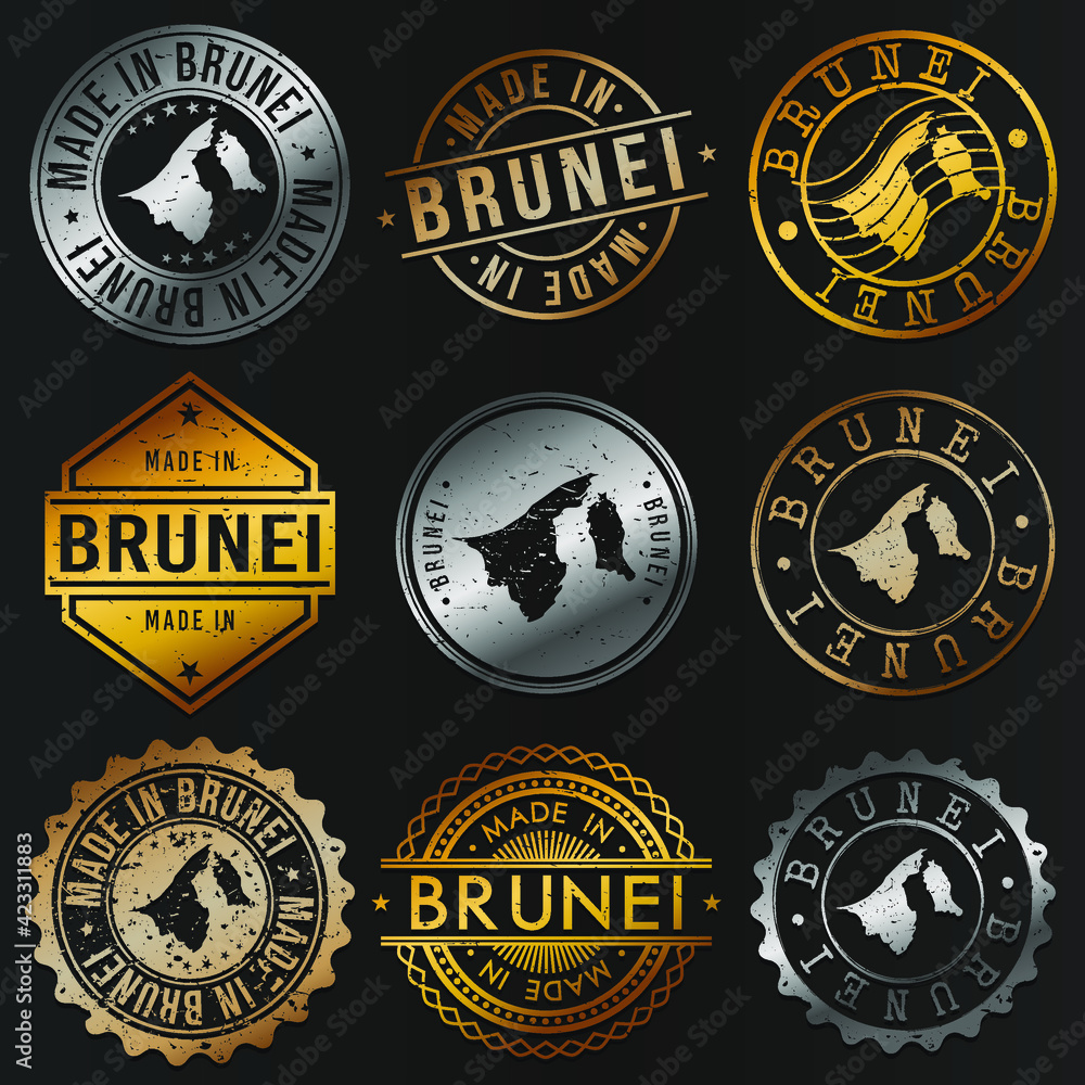 Naklejka premium Brunei Business Metal Stamps. Gold Made In Product Seal. National Logo Icon. Symbol Design Insignia Country.