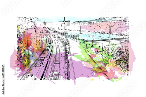 Building view with landmark of Pamplona is the capital of Navarre province in northern Spain. Watercolour splash with hand drawn sketch illustration in vector.