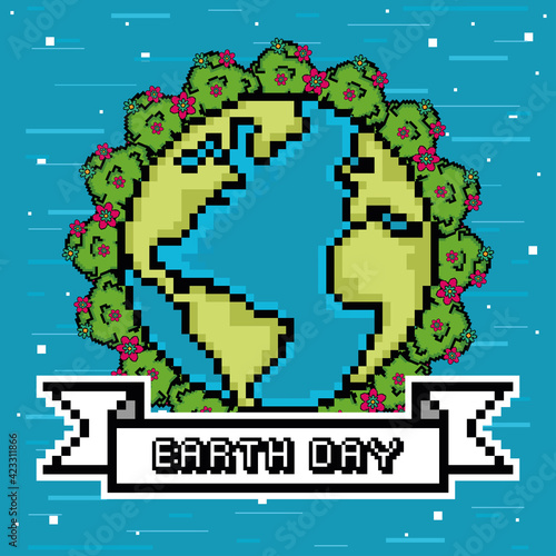 Earth day pixel art with text - Vector illustration