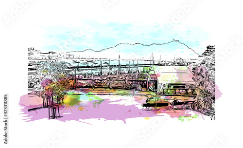 Building view with landmark of Pamplona is the capital of Navarre province in northern Spain. Watercolour splash with hand drawn sketch illustration in vector.