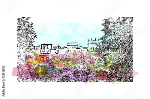 Building view with landmark of Pamplona is the capital of Navarre province in northern Spain. Watercolour splash with hand drawn sketch illustration in vector.