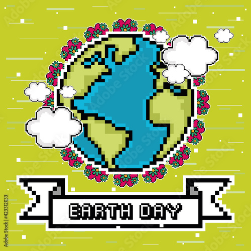 Earth day pixel art with text - Vector illustration