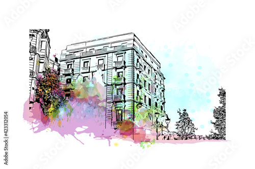 Building view with landmark of Pamplona is the capital of Navarre province in northern Spain. Watercolour splash with hand drawn sketch illustration in vector.