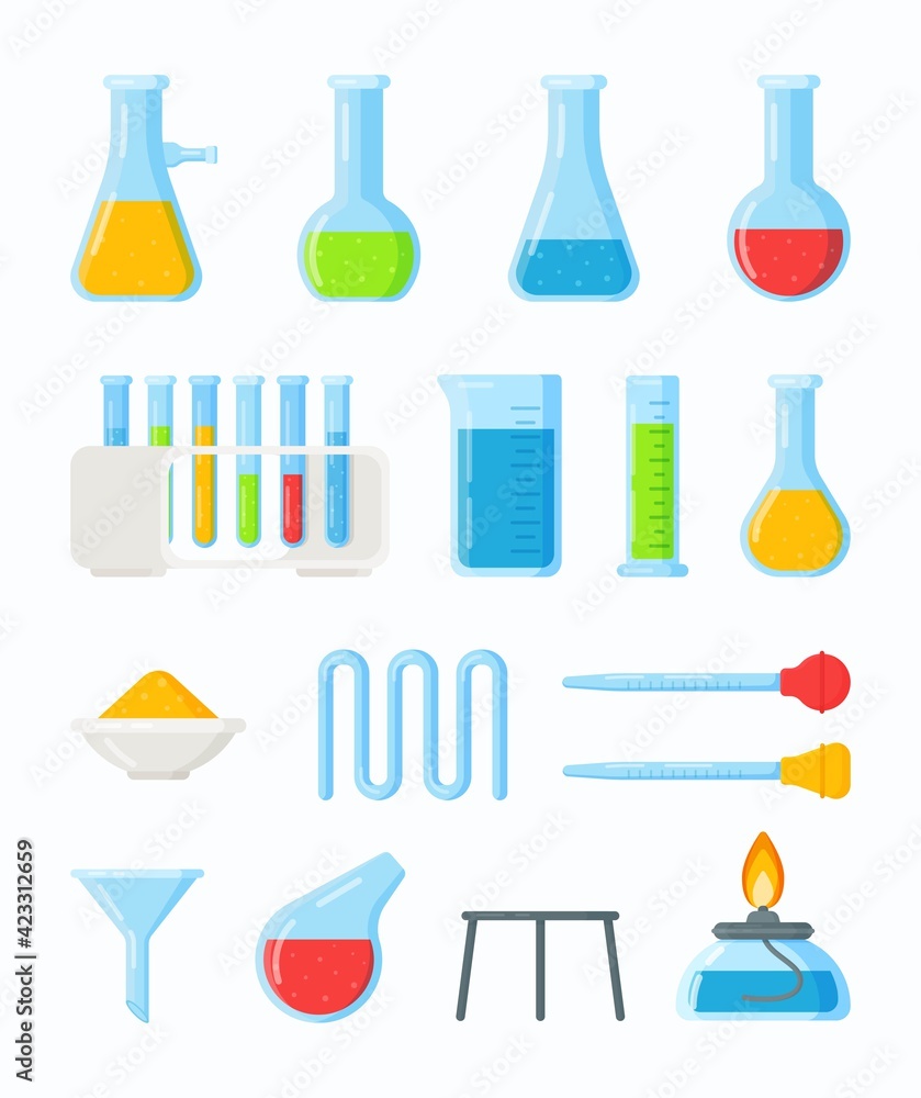 Many different test tubes and flasks. Vector illustration of a chemistry lesson online. Conducting an experiment. Many different test tubes and flasks. Vector illustration of a chemistry lesson online. Conducting an experiment.