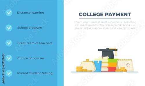 The college payment form. Vector illustration of tuition fees. Website for university admission. 