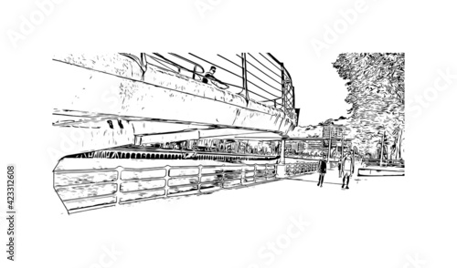 Building view with landmark of Pamplona is the capital of Navarre province in northern Spain. Hand drawn sketch illustration in vector.