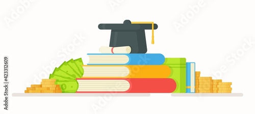 College tuition. Vector illustration of money change. College payment. Online classes. University, study, money, teaching.