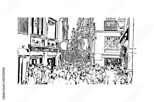 Building view with landmark of Pamplona is the capital of Navarre province in northern Spain. Hand drawn sketch illustration in vector.