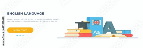 English banner. Vector illustration of online English courses. Self-study with the help of a dictionary and books. 