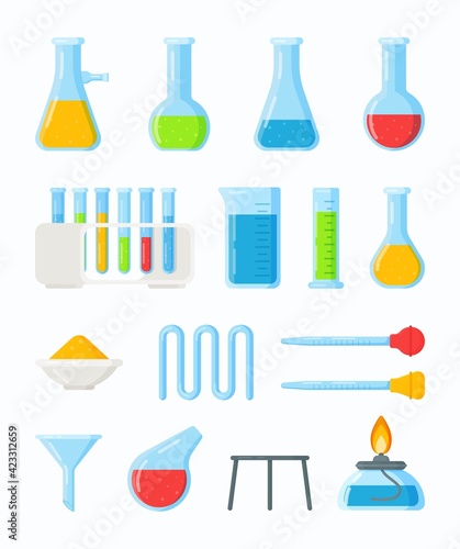 Many different test tubes and flasks. Vector illustration of a chemistry lesson online. Conducting an experiment. 