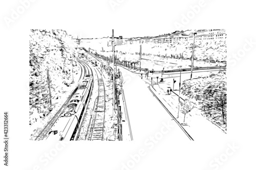 Building view with landmark of Pamplona is the capital of Navarre province in northern Spain. Hand drawn sketch illustration in vector.