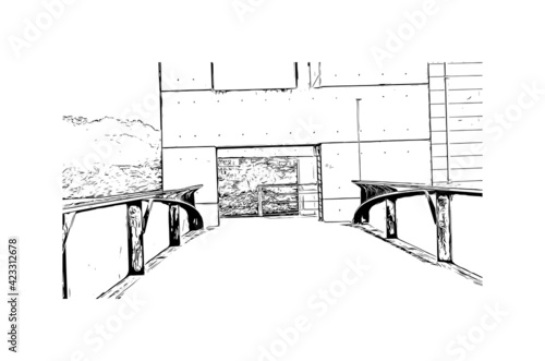 Building view with landmark of Pamplona is the capital of Navarre province in northern Spain. Hand drawn sketch illustration in vector.