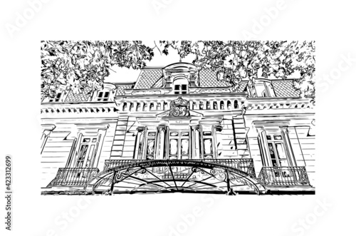 Building view with landmark of Pamplona is the capital of Navarre province in northern Spain. Hand drawn sketch illustration in vector.