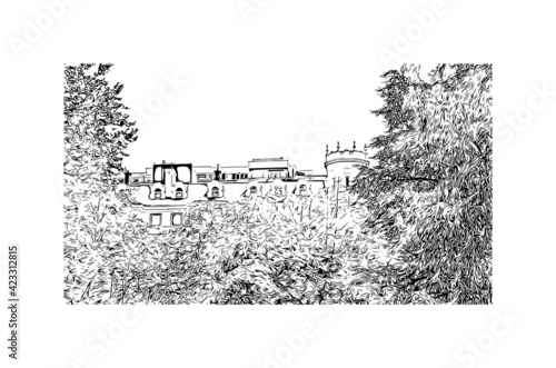 Building view with landmark of Pamplona is the capital of Navarre province in northern Spain. Hand drawn sketch illustration in vector.