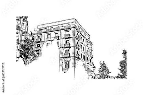 Building view with landmark of Pamplona is the capital of Navarre province in northern Spain. Hand drawn sketch illustration in vector.